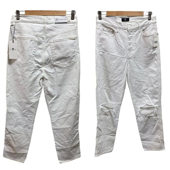 7 For All Mankind Size 29 White  Hi-Waist Button Fly Cropped Straight Jeans NWT - Picture 6 of 6